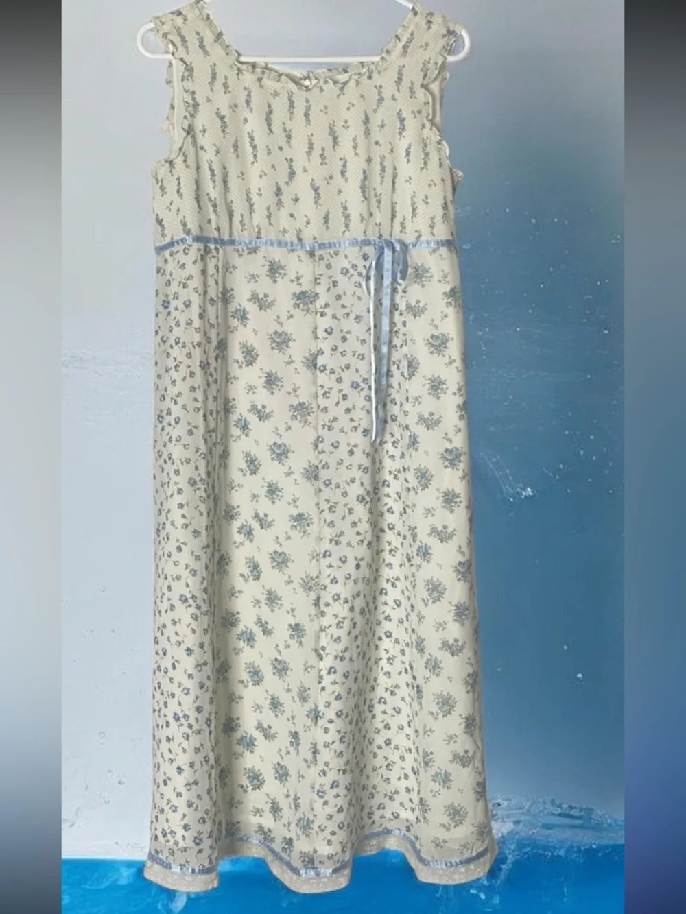Vintage Canlemon Floral Midi Dress Cottagecore Lace Trim Blue White  - Size L